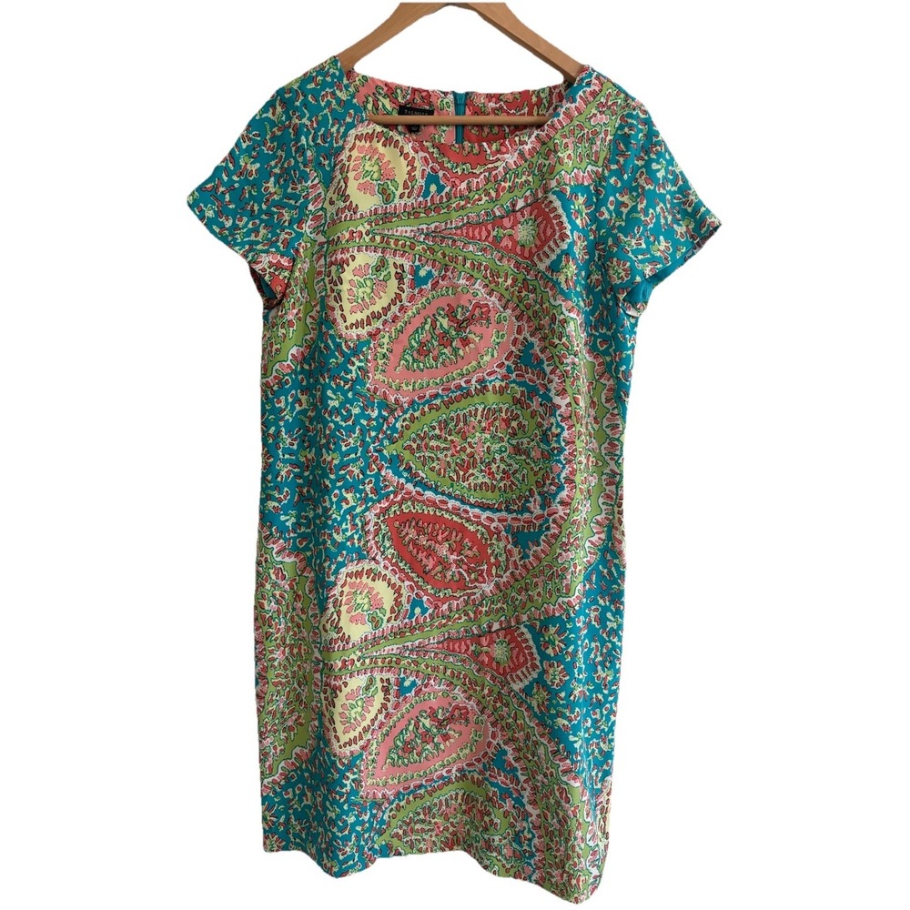 Talbots Size 10 Seaside Paisley Silk Mod Shift Dress Turquoise Coral Green Lined